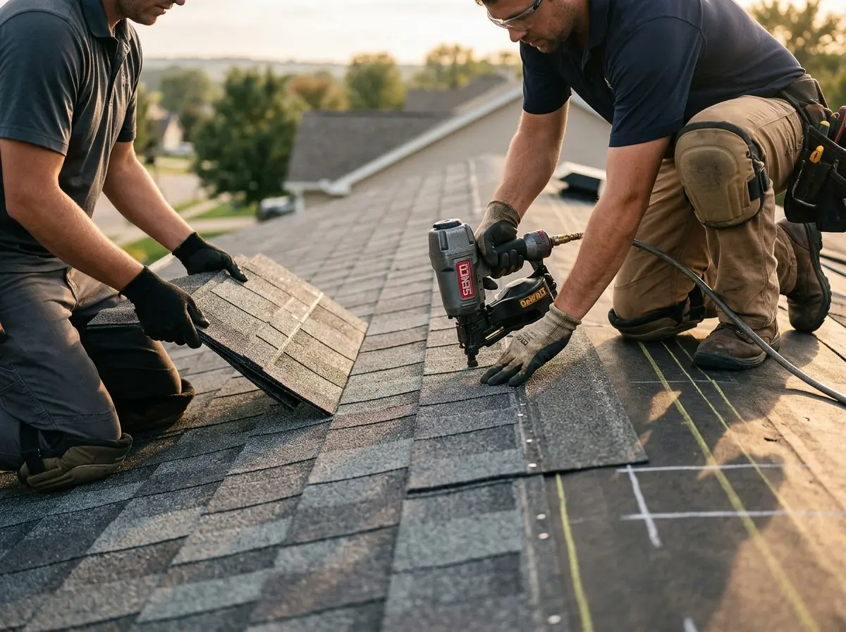 Professional roofer working on a residential roof in South Barrington